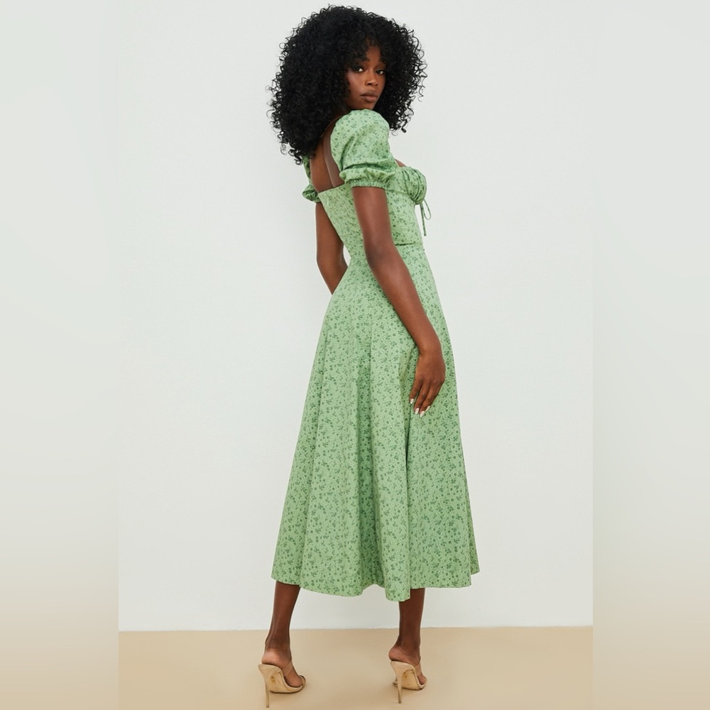House of CB Tallulah Green Tonal Floral Puff Sleeve Midi Dress - Picture 4 of 8